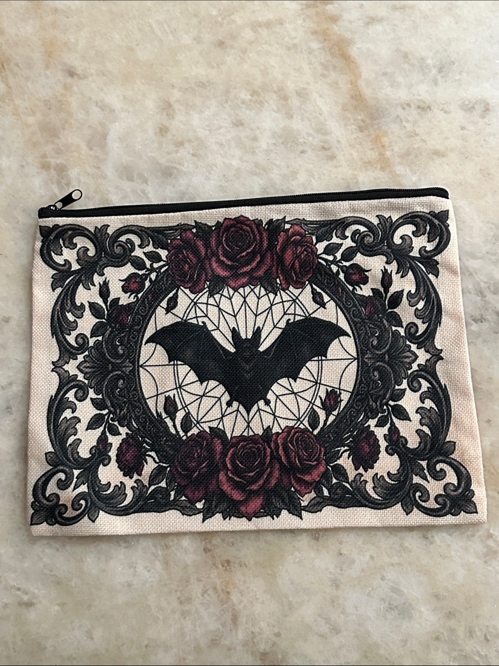 Bat & Rose Decorative Canvas Pouch in Pink